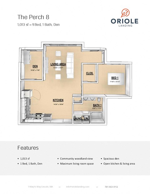 1 bedroom 1 bathroom floor plan Fat Oriole Landing, Massachusetts, 01773